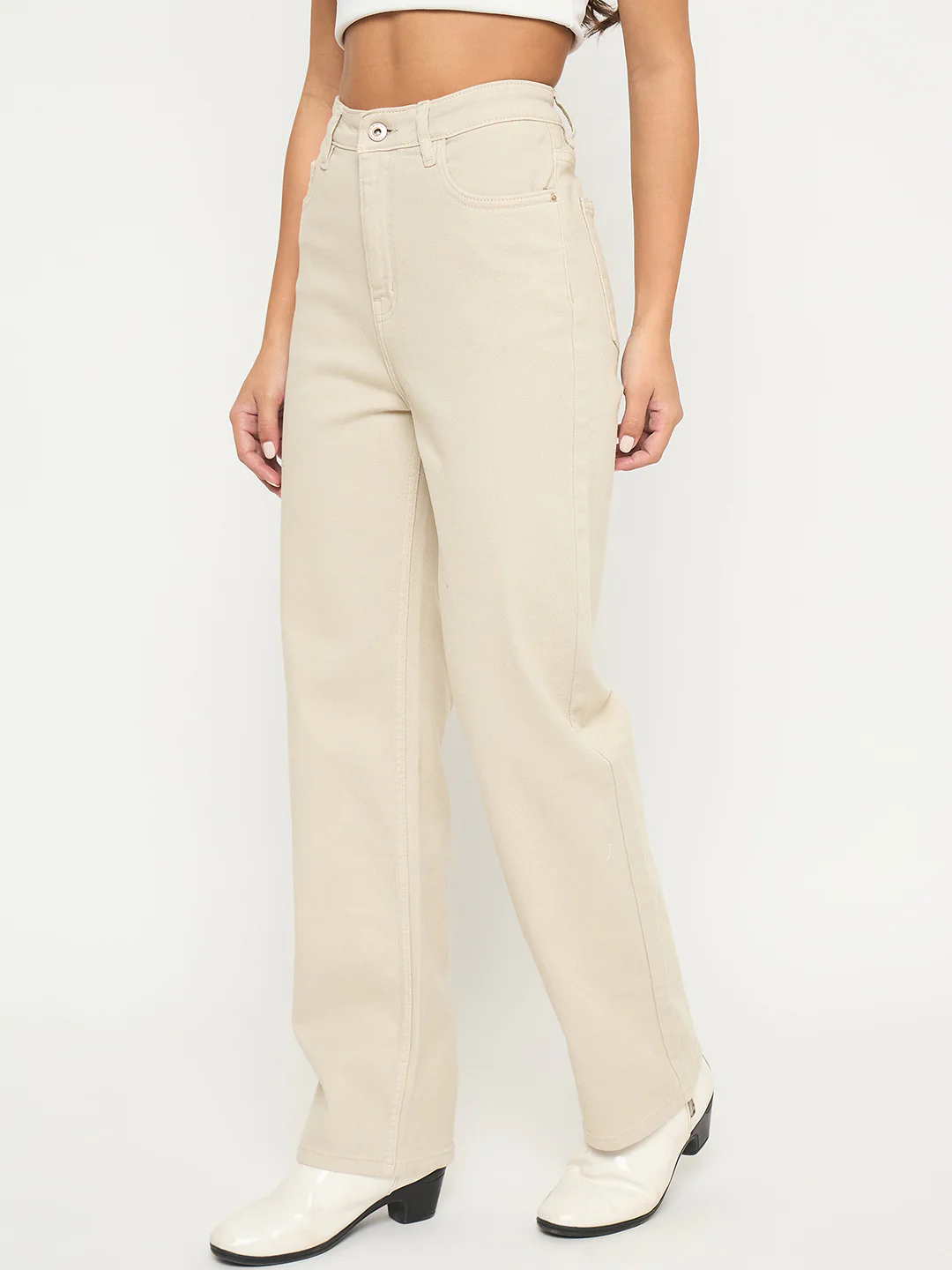 Madame Straight Fit Cotton Blend Solid Beige Jeans - Image 5