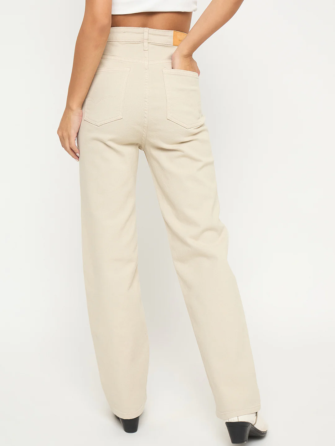 Madame Straight Fit Cotton Blend Solid Beige Jeans - Image 6