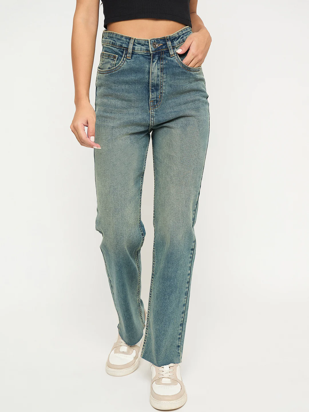 Madame Whiskered Tinted Green Cotton Blend Jeans