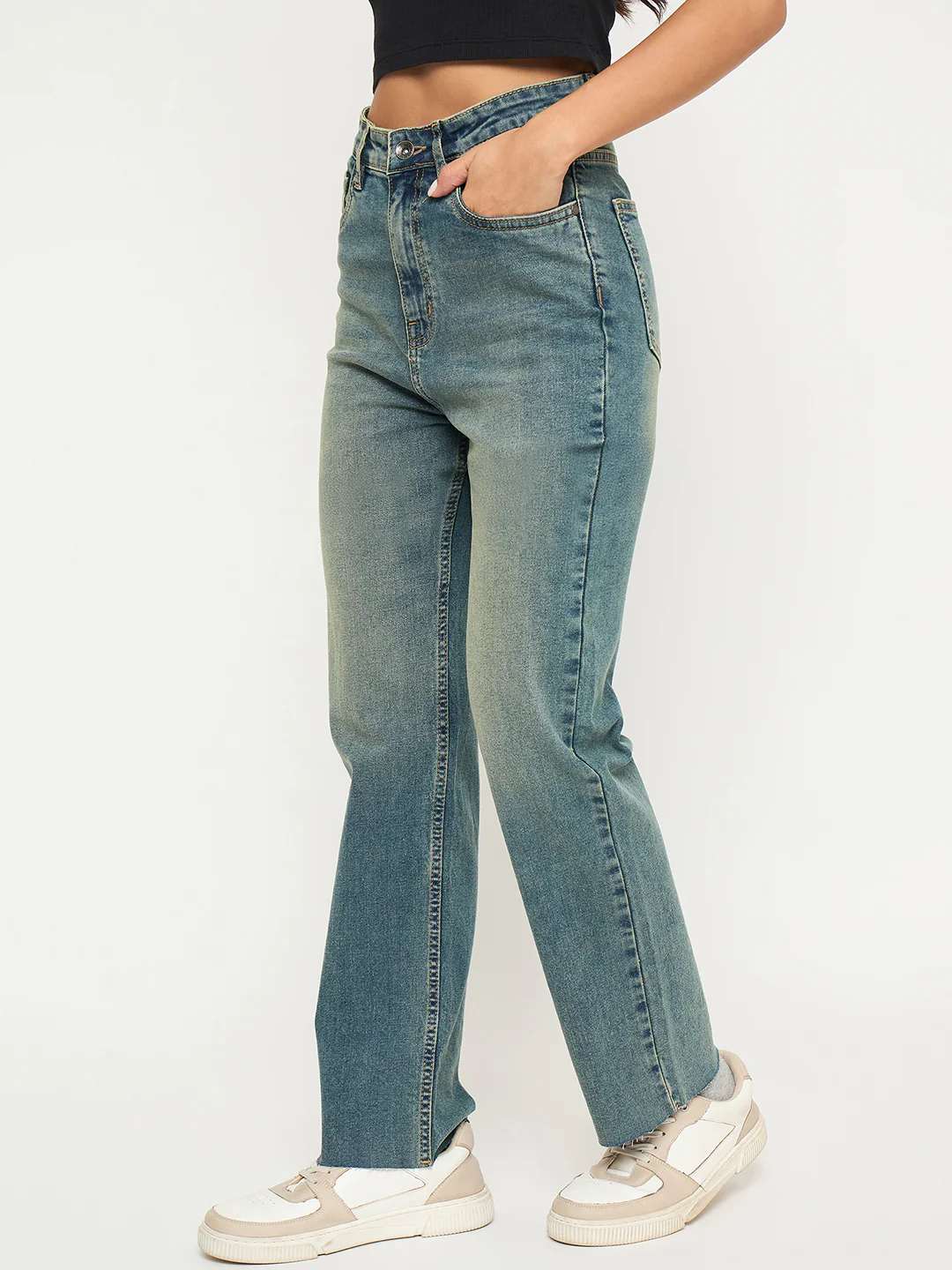 Madame Whiskered Tinted Green Cotton Blend Jeans - Image 3