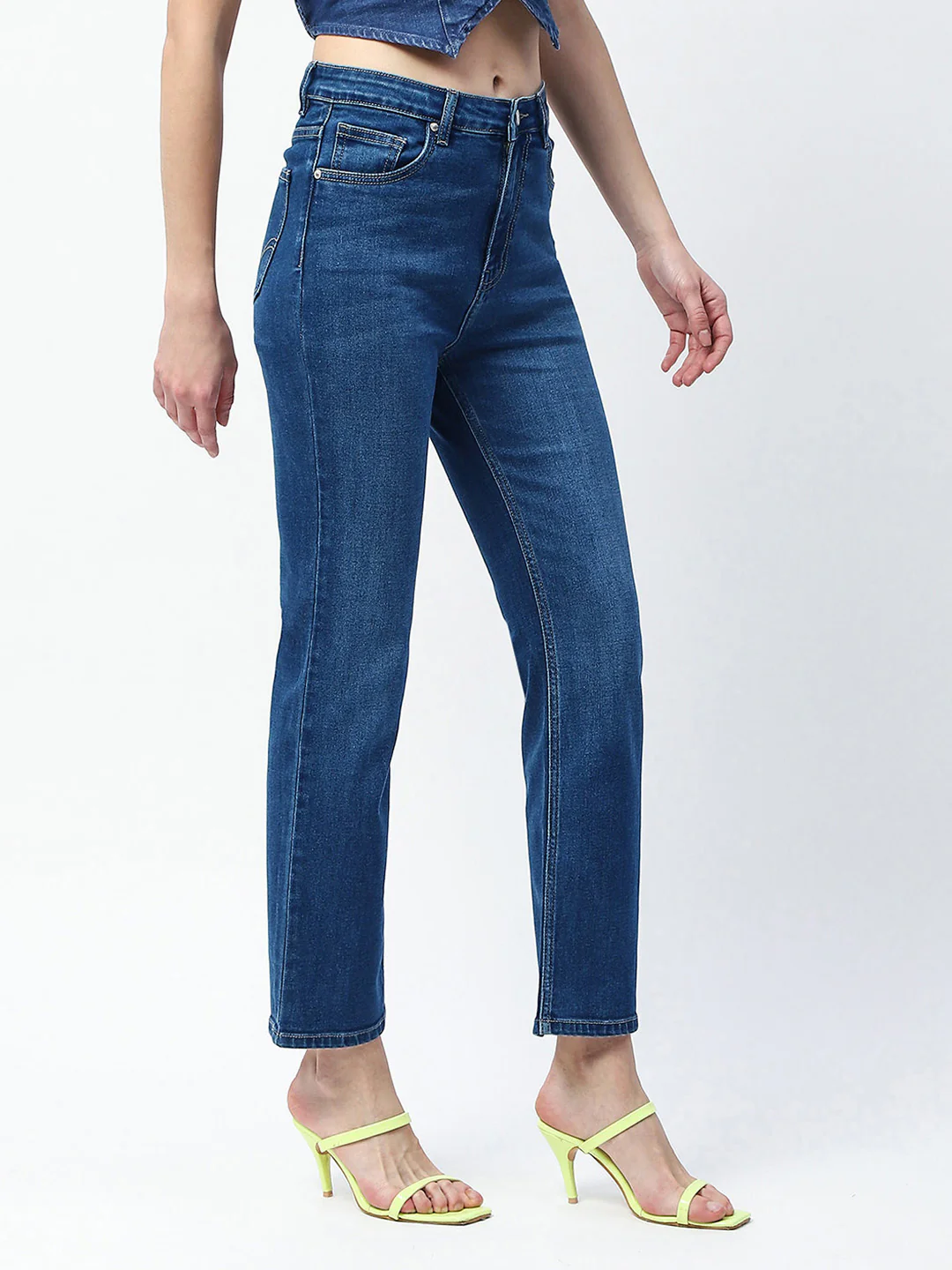 Madame Whiskered Straight Fit Dark Blue Cotton Blend Jeans - Image 3