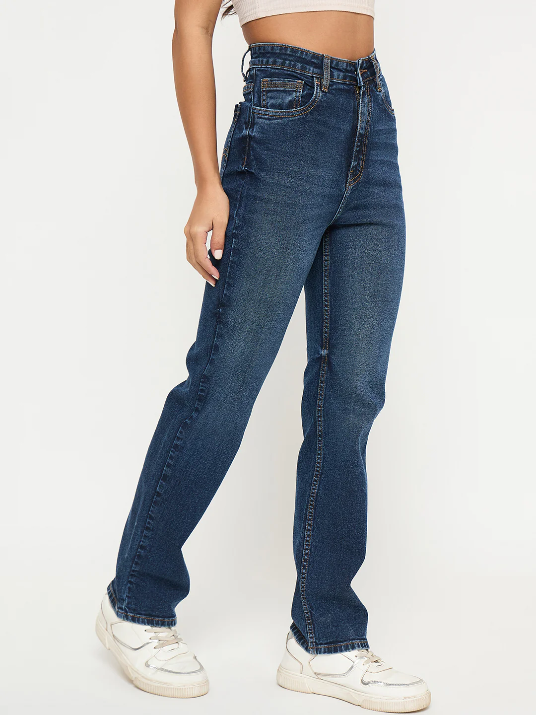 Madame Whiskered Dark Blue Cotton Blend Straight Jeans - Image 3