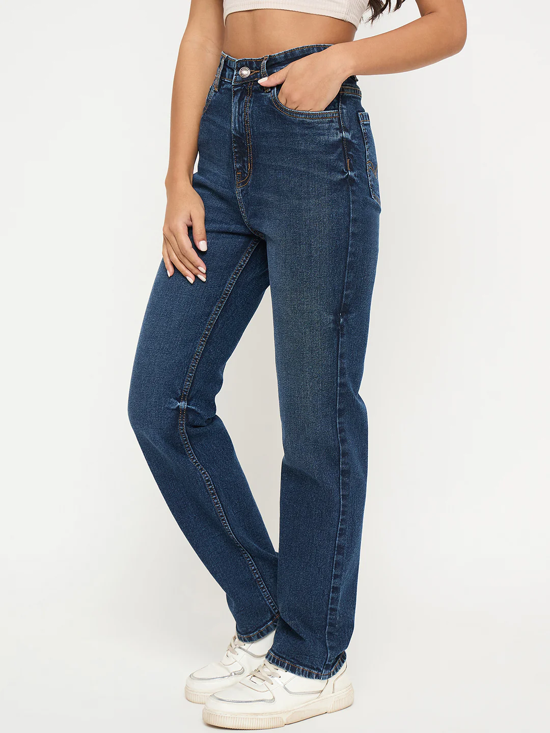 Madame Whiskered Dark Blue Cotton Blend Straight Jeans - Image 4