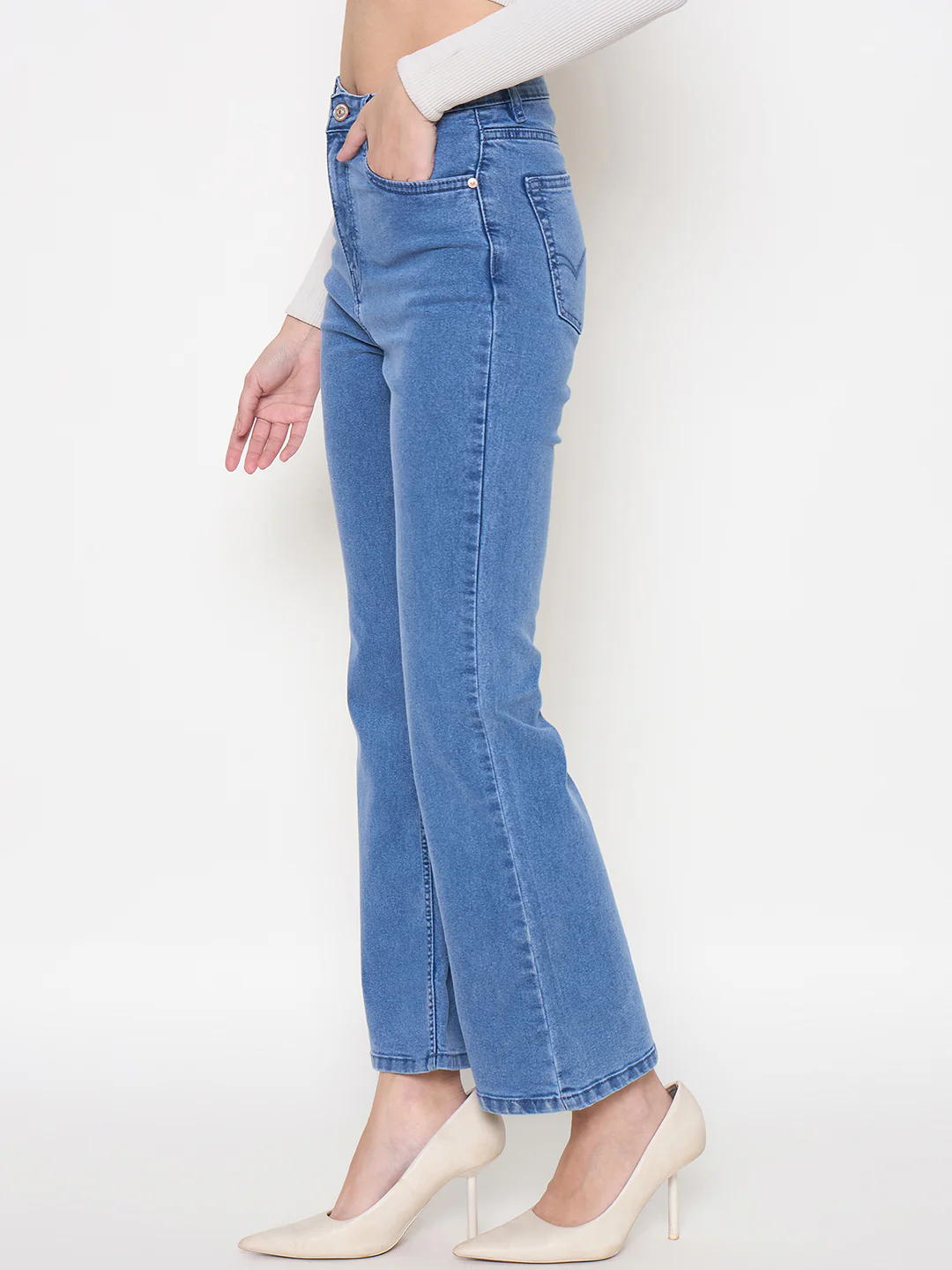 Madame Cotton Blend Flared Fit Mid Blue Denim Jeans - Image 5