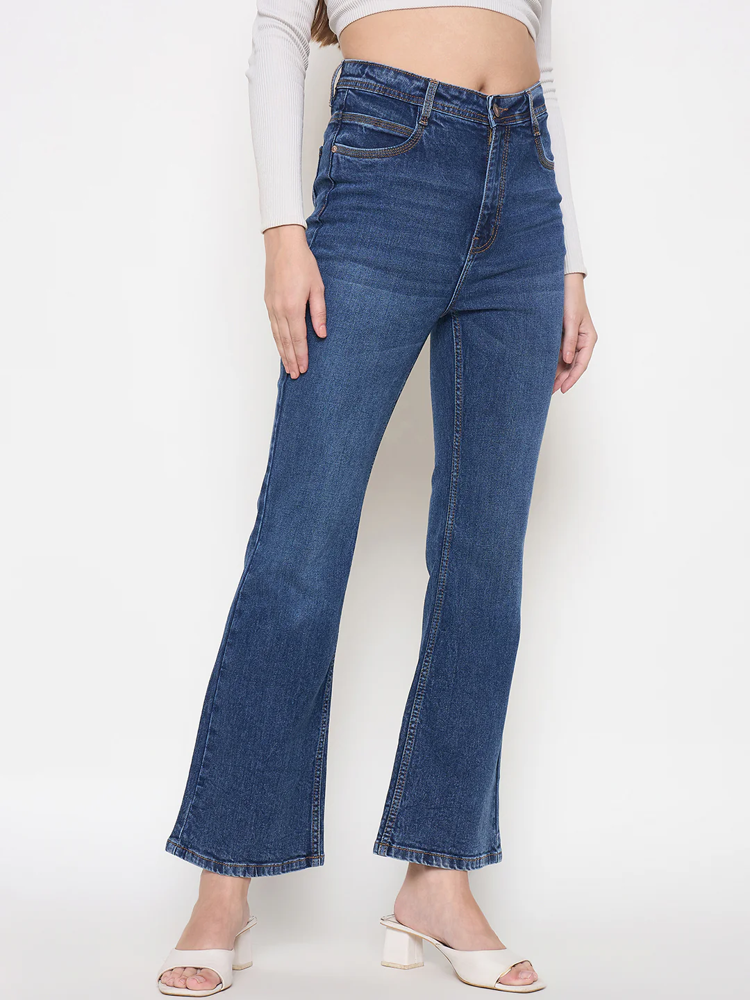 Madame Stone Wash Dark Blue Whiskered Flared Denim Jeans - Image 4