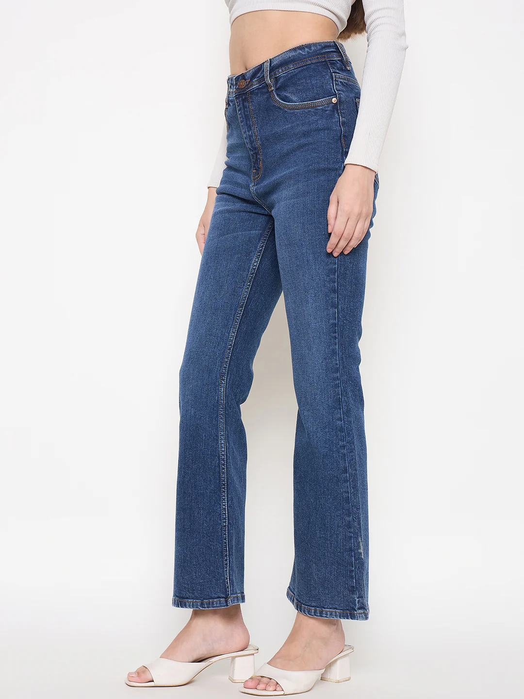 Madame Stone Wash Dark Blue Whiskered Flared Denim Jeans - Image 5