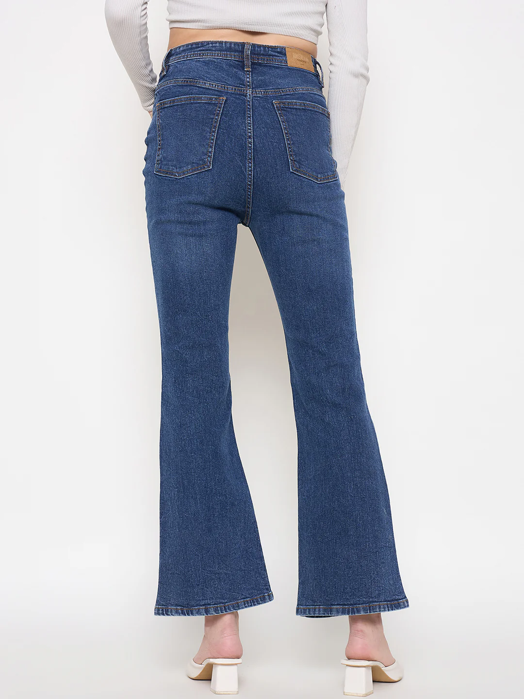 Madame Stone Wash Dark Blue Whiskered Flared Denim Jeans - Image 6