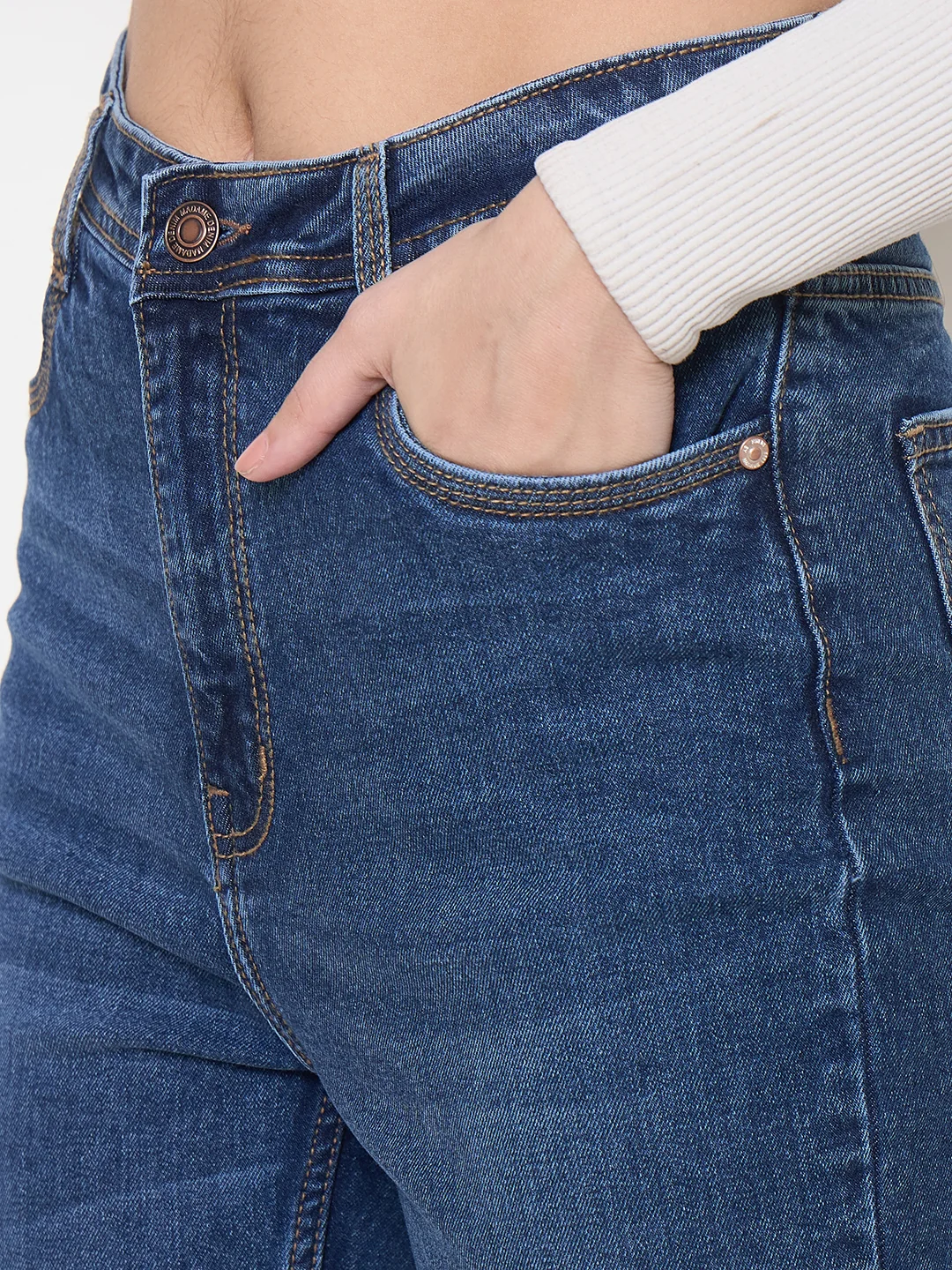 Madame Stone Wash Dark Blue Whiskered Flared Denim Jeans - Image 7