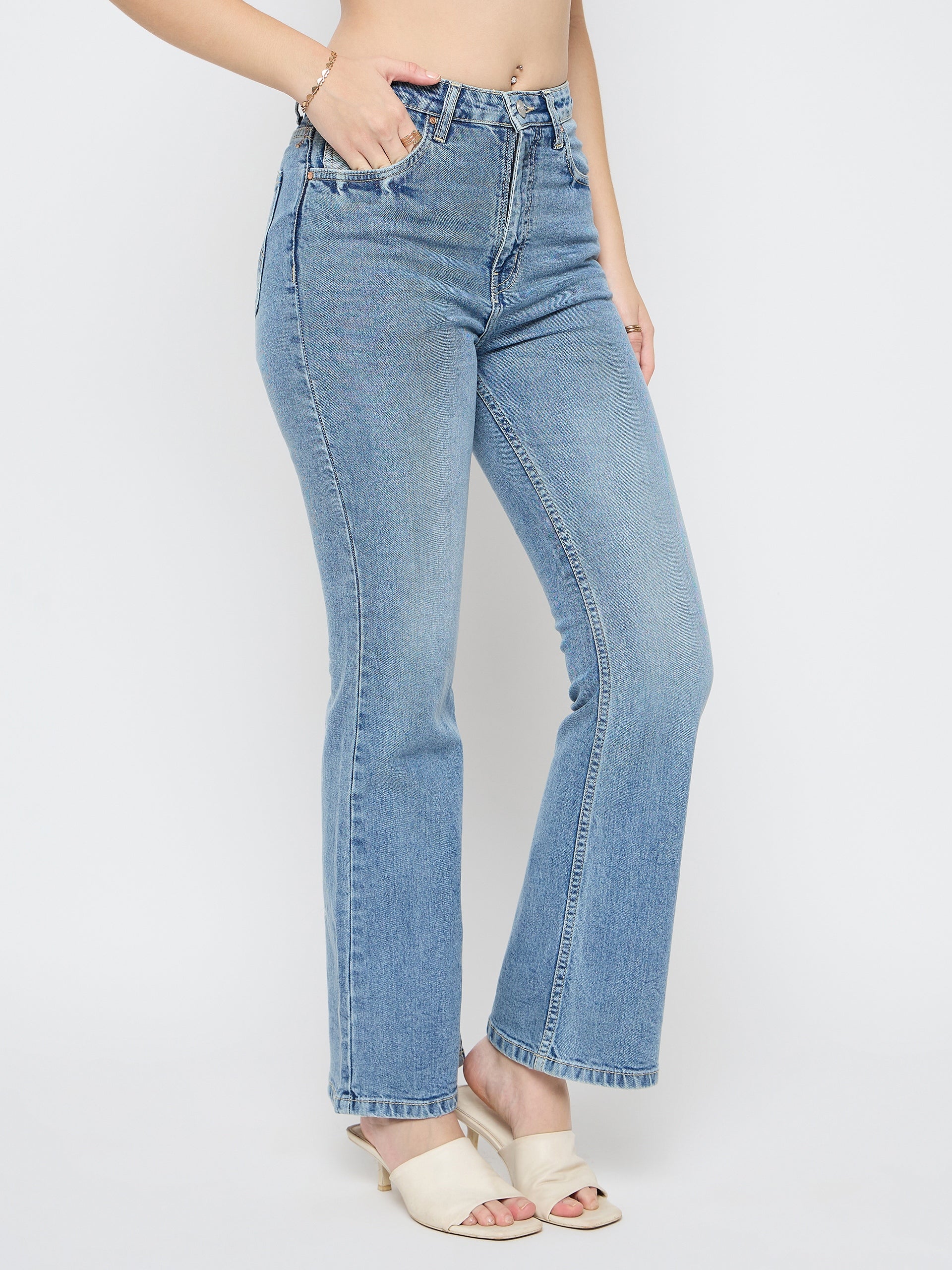 Madame Stone Wash Flared Light Blue Cotton Blend Jeans - Image 3