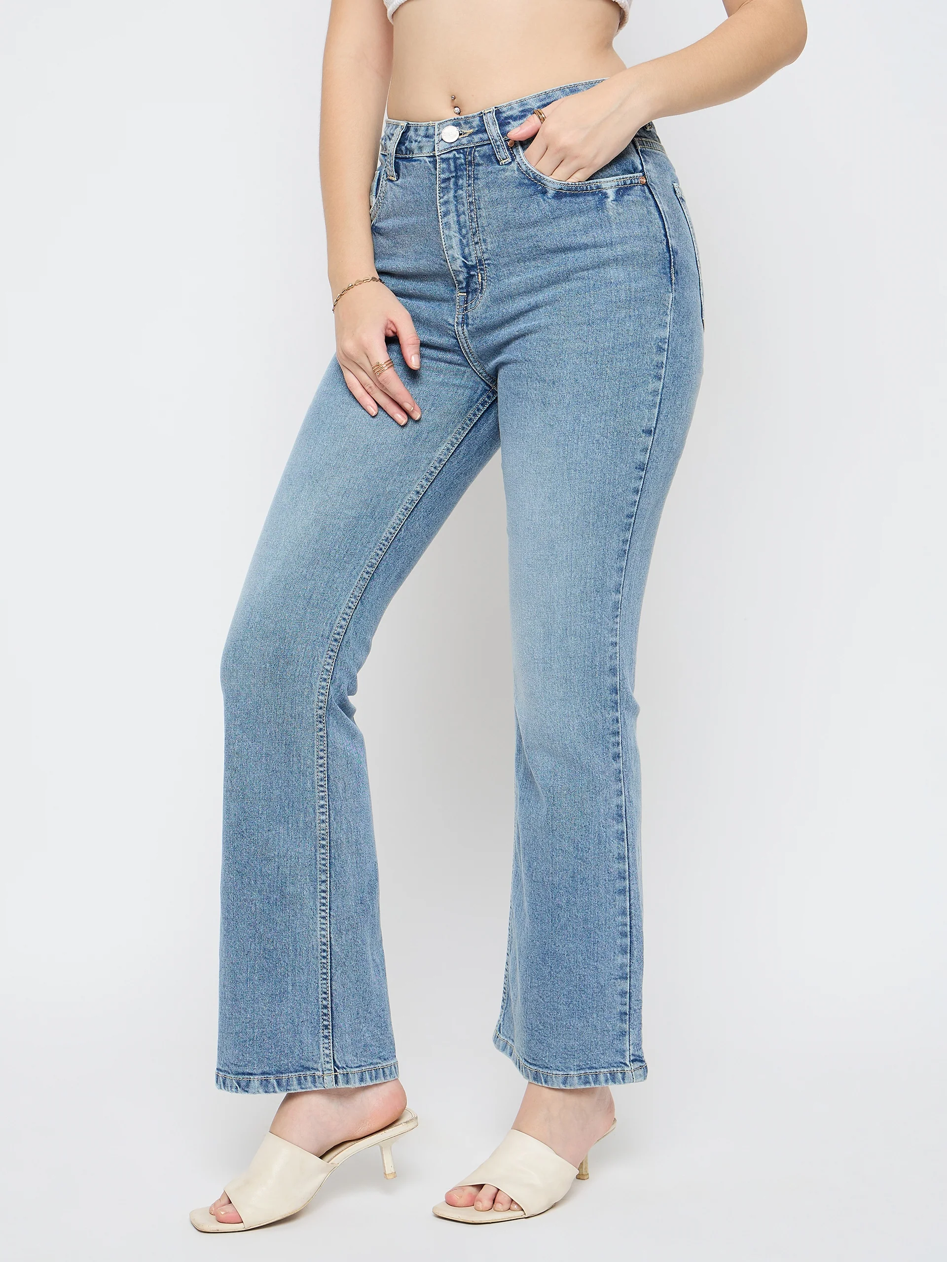 Madame Stone Wash Flared Light Blue Cotton Blend Jeans - Image 4