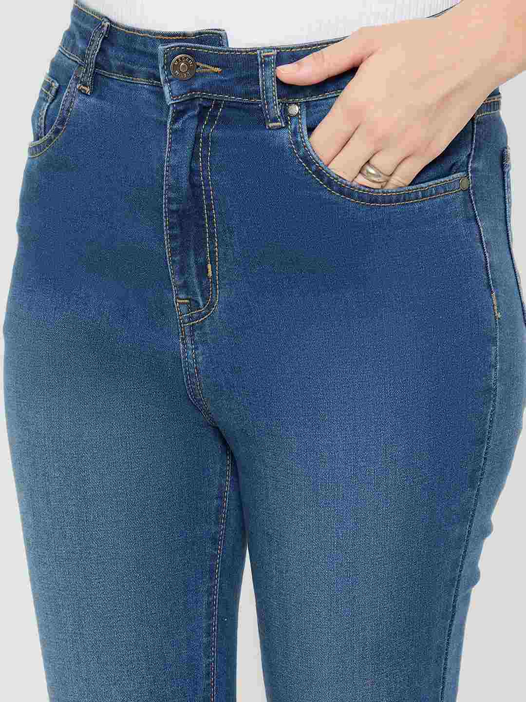 Madame Cotton Blend Stone Wash Mid Blue Flared Jeans - Image 6
