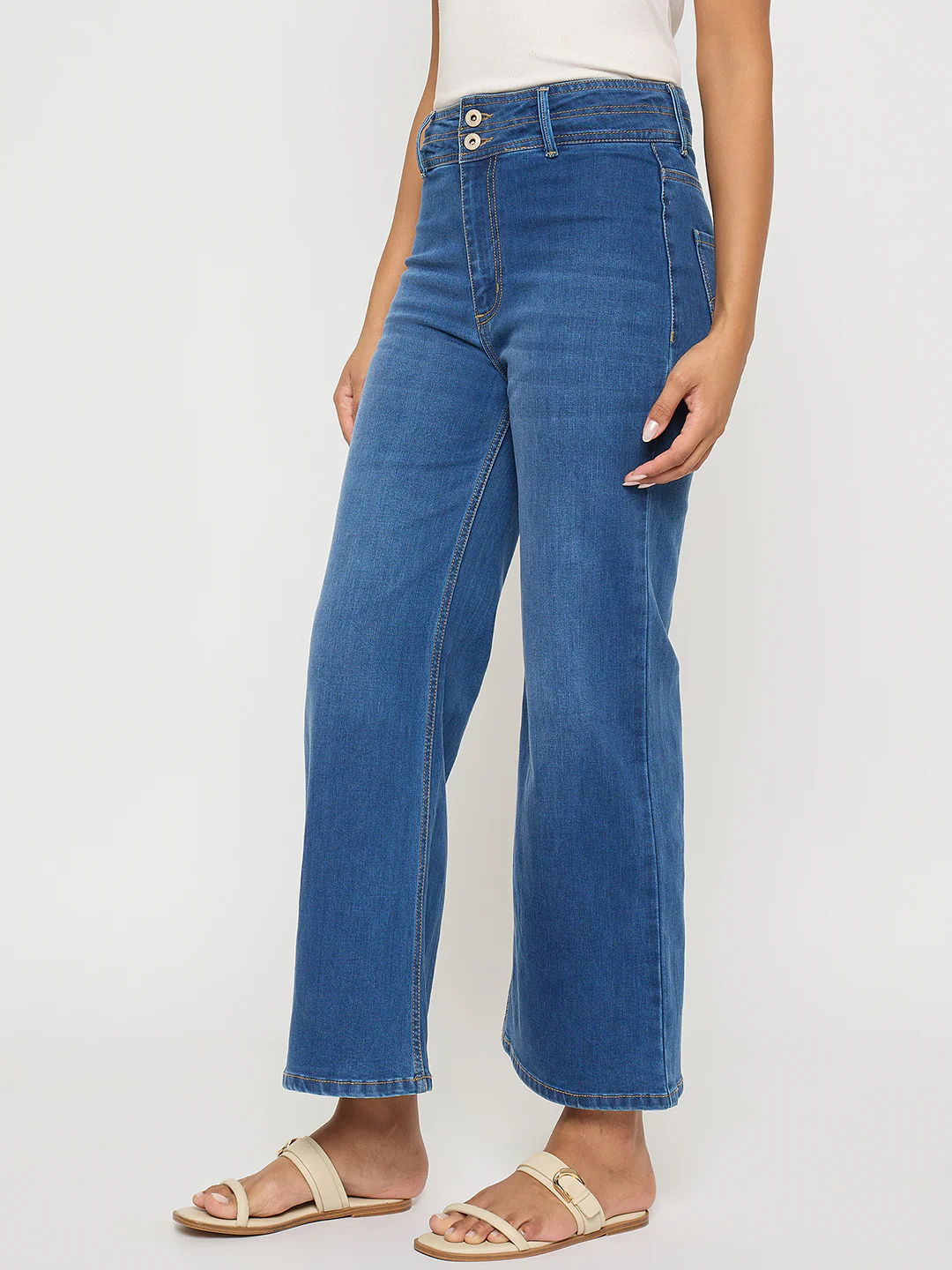 Madame Double Waisted Whiskered Wide Leg Mid Blue Jeans - Image 3