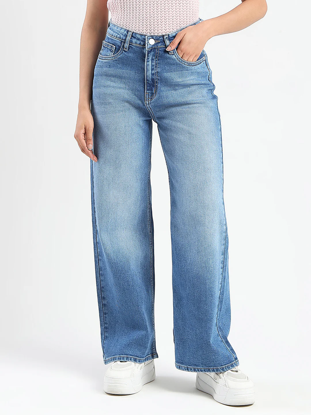 Madame Stone Wash Wide Leg Light Blue Cotton Blend Jeans