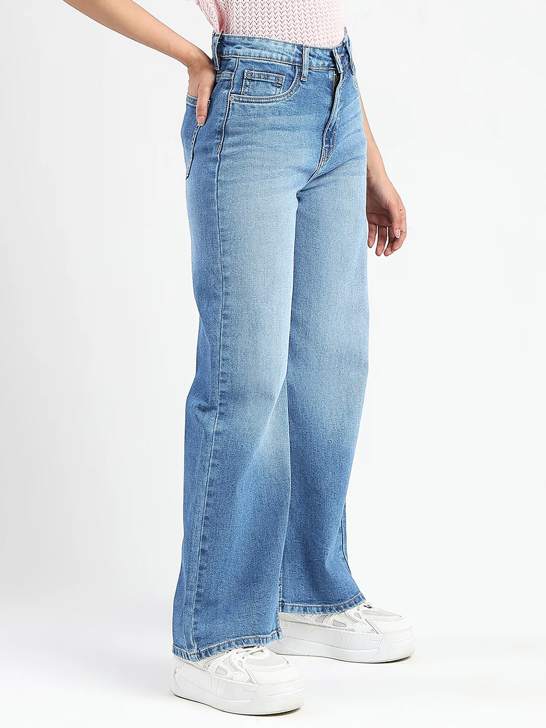 Madame Stone Wash Wide Leg Light Blue Cotton Blend Jeans - Image 3