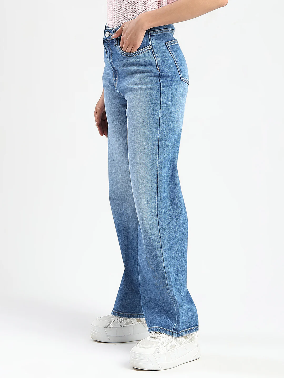 Madame Stone Wash Wide Leg Light Blue Cotton Blend Jeans - Image 4