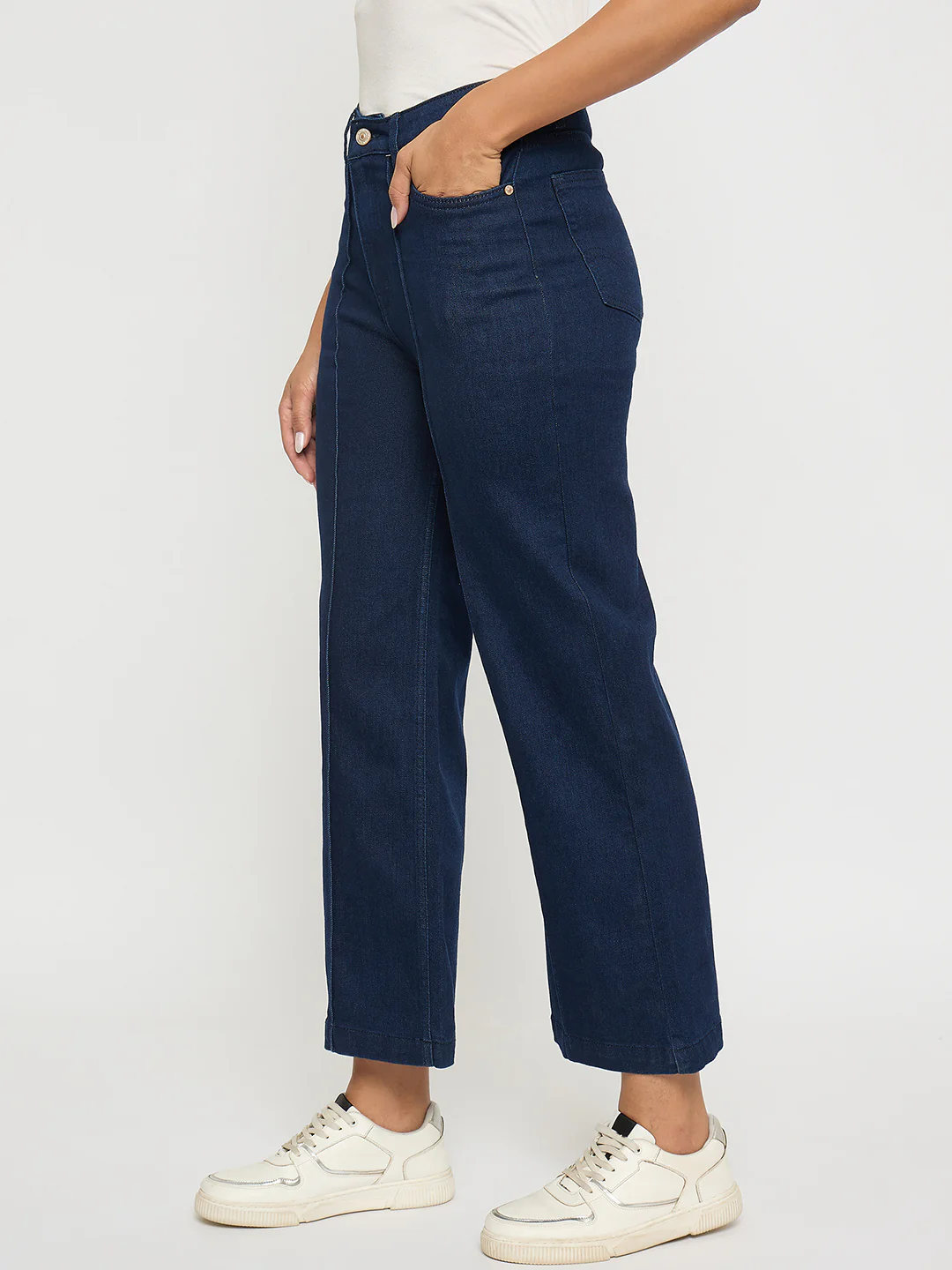 Madame Stone Wash Cotton Blend Dark Blue Flared Jeans - Image 3