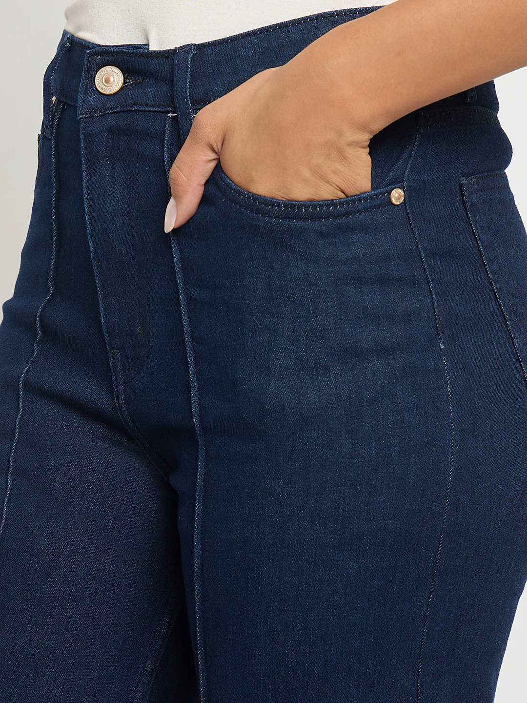 Madame Stone Wash Cotton Blend Dark Blue Flared Jeans - Image 6