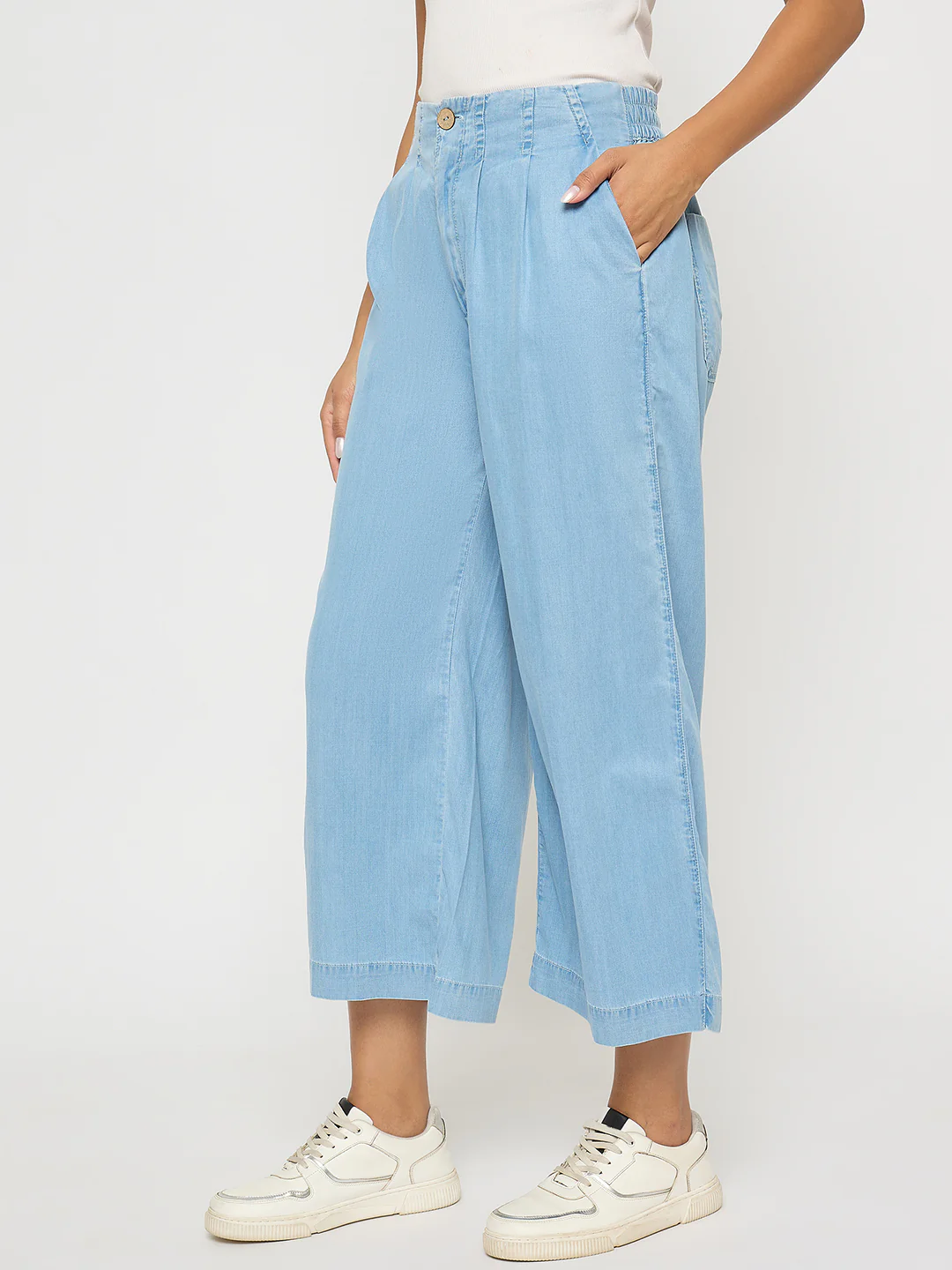 Madame Pintuck Detailed Cotton Blend Light Blue Wide Leg Jeans - Image 4