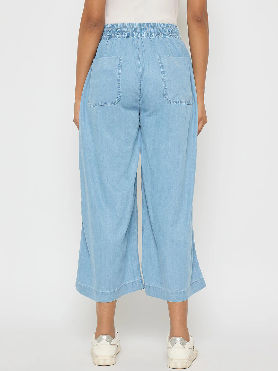 Madame Pintuck Detailed Cotton Blend Light Blue Wide Leg Jeans - Image 5