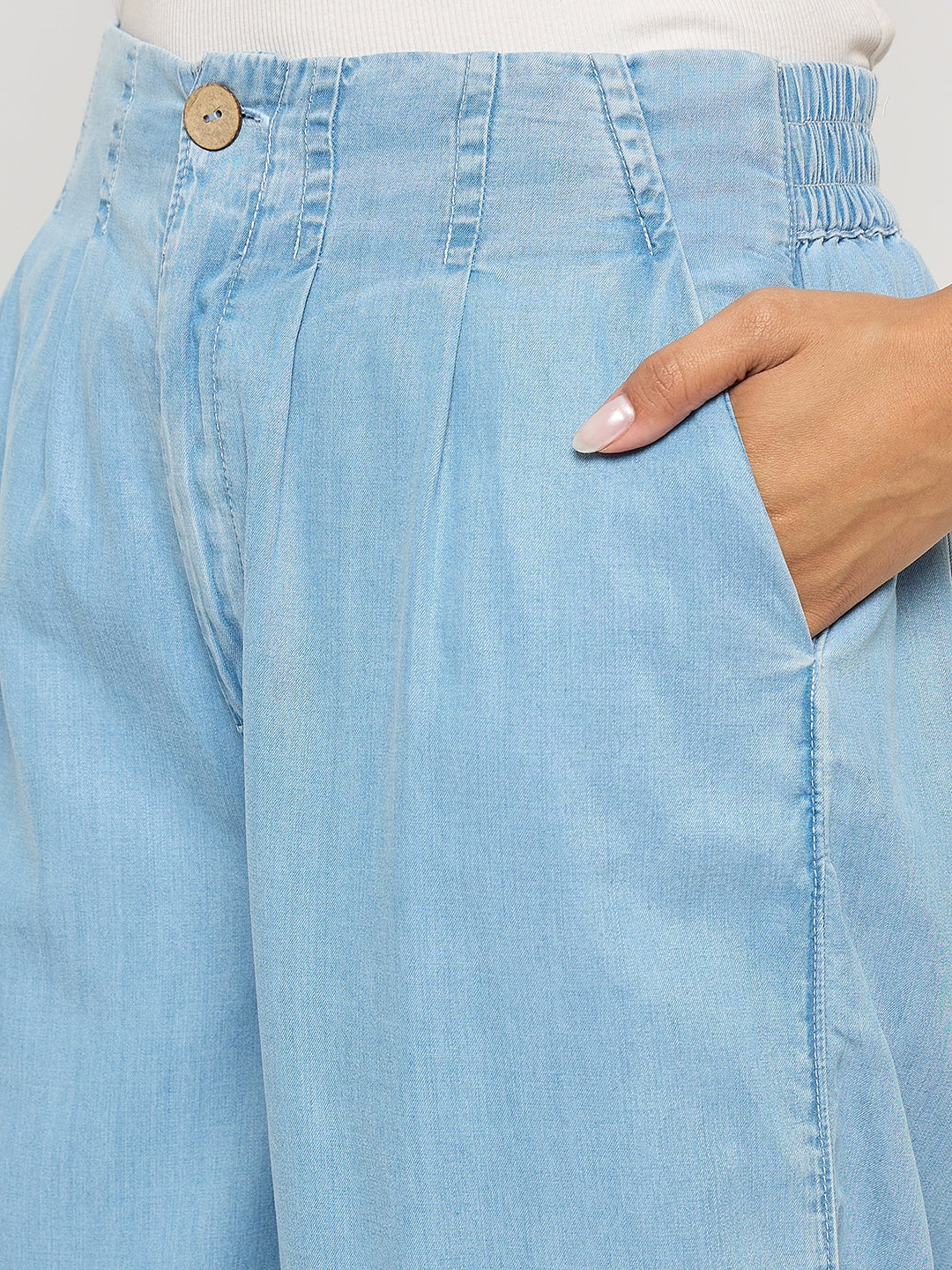 Madame Pintuck Detailed Cotton Blend Light Blue Wide Leg Jeans - Image 6
