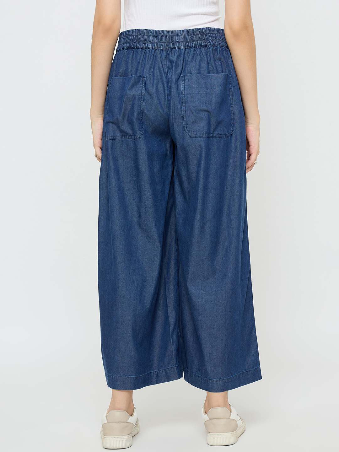 Madame Pintuck Detailed Cotton Blend Mid Blue Wide Leg Jeans - Image 5