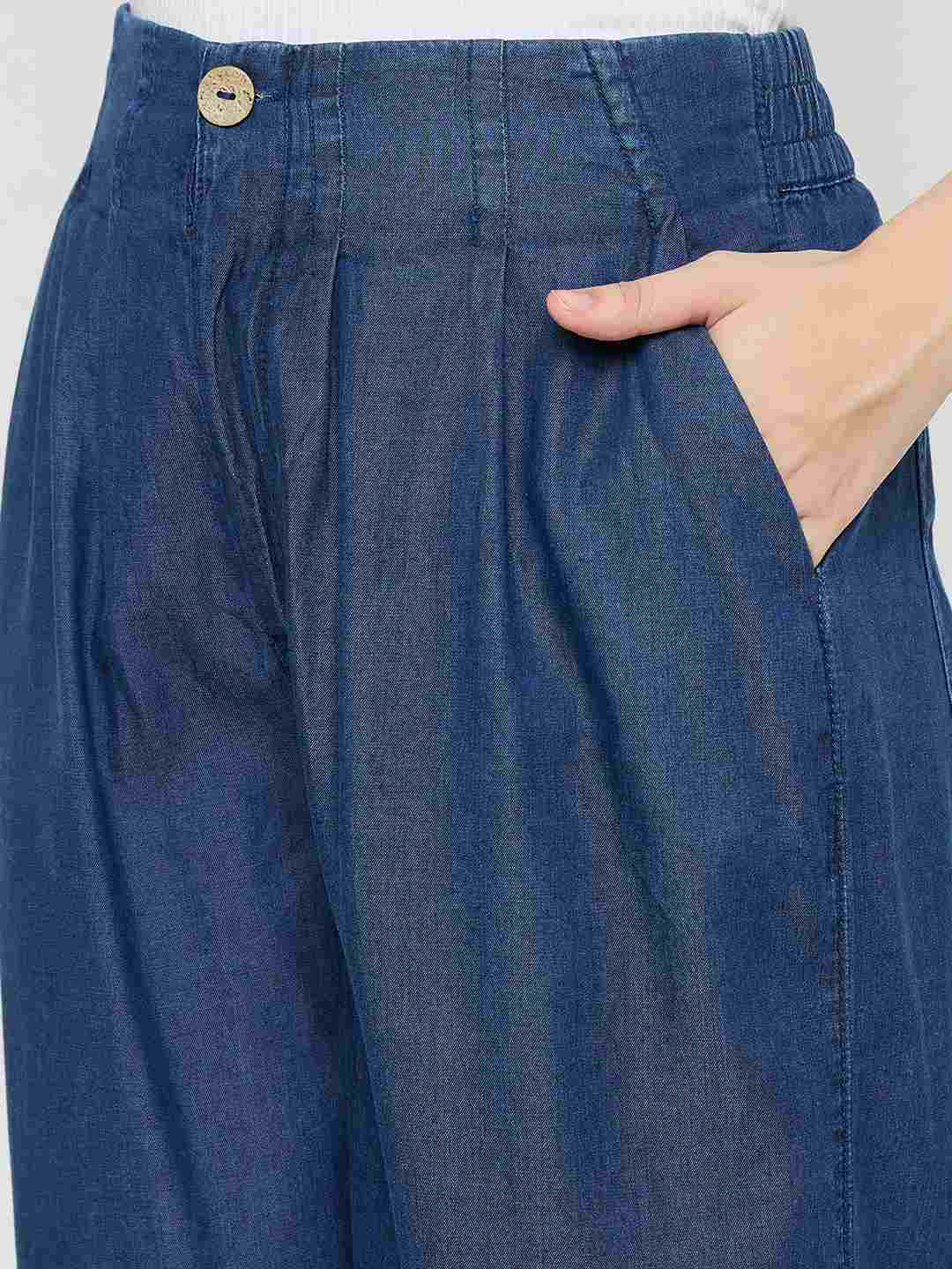 Madame Pintuck Detailed Cotton Blend Mid Blue Wide Leg Jeans - Image 6