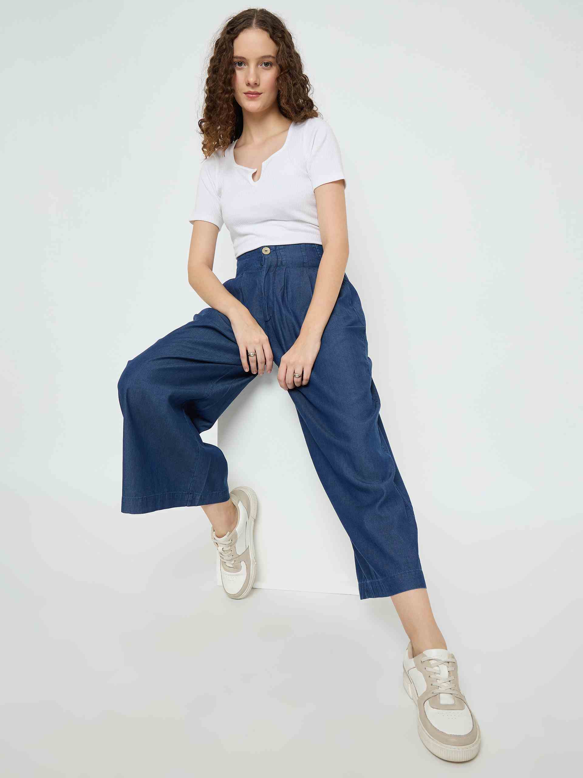 Madame Pintuck Detailed Cotton Blend Mid Blue Wide Leg Jeans - Image 7