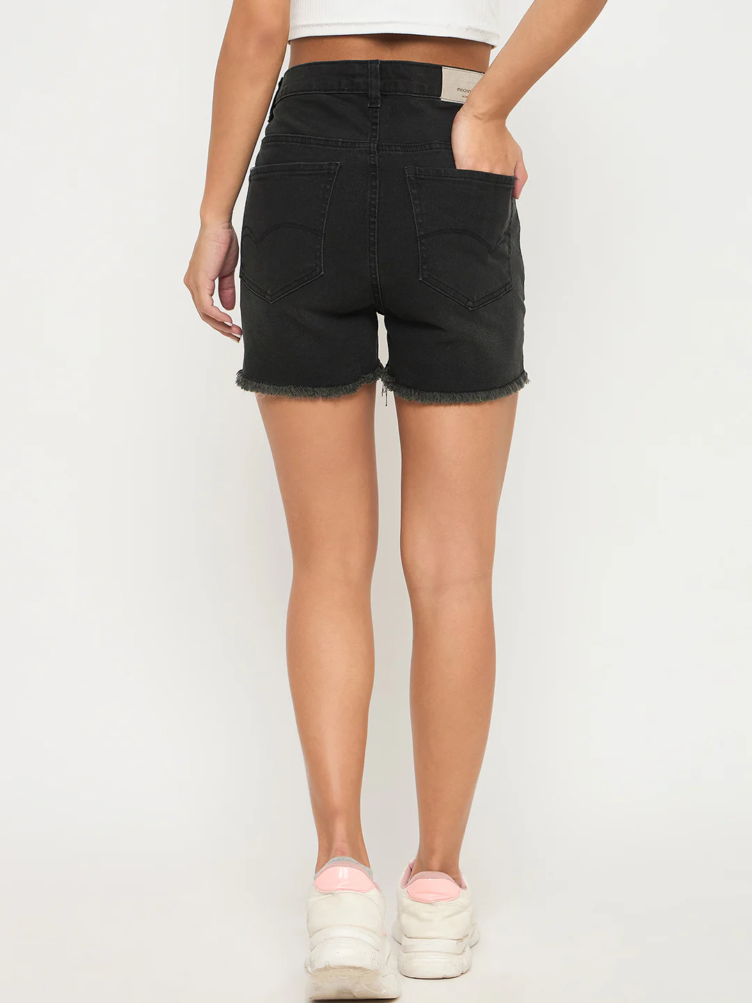 Madame Frayed Hem Charcoal Black Cotton Blend Denim Shorts - Image 5