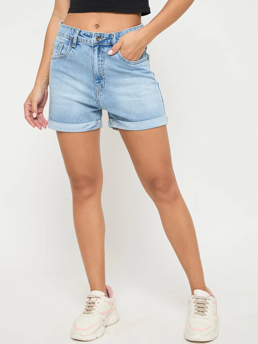 Madame Rolled Hem Light Blue Cotton Blend Denim Shorts