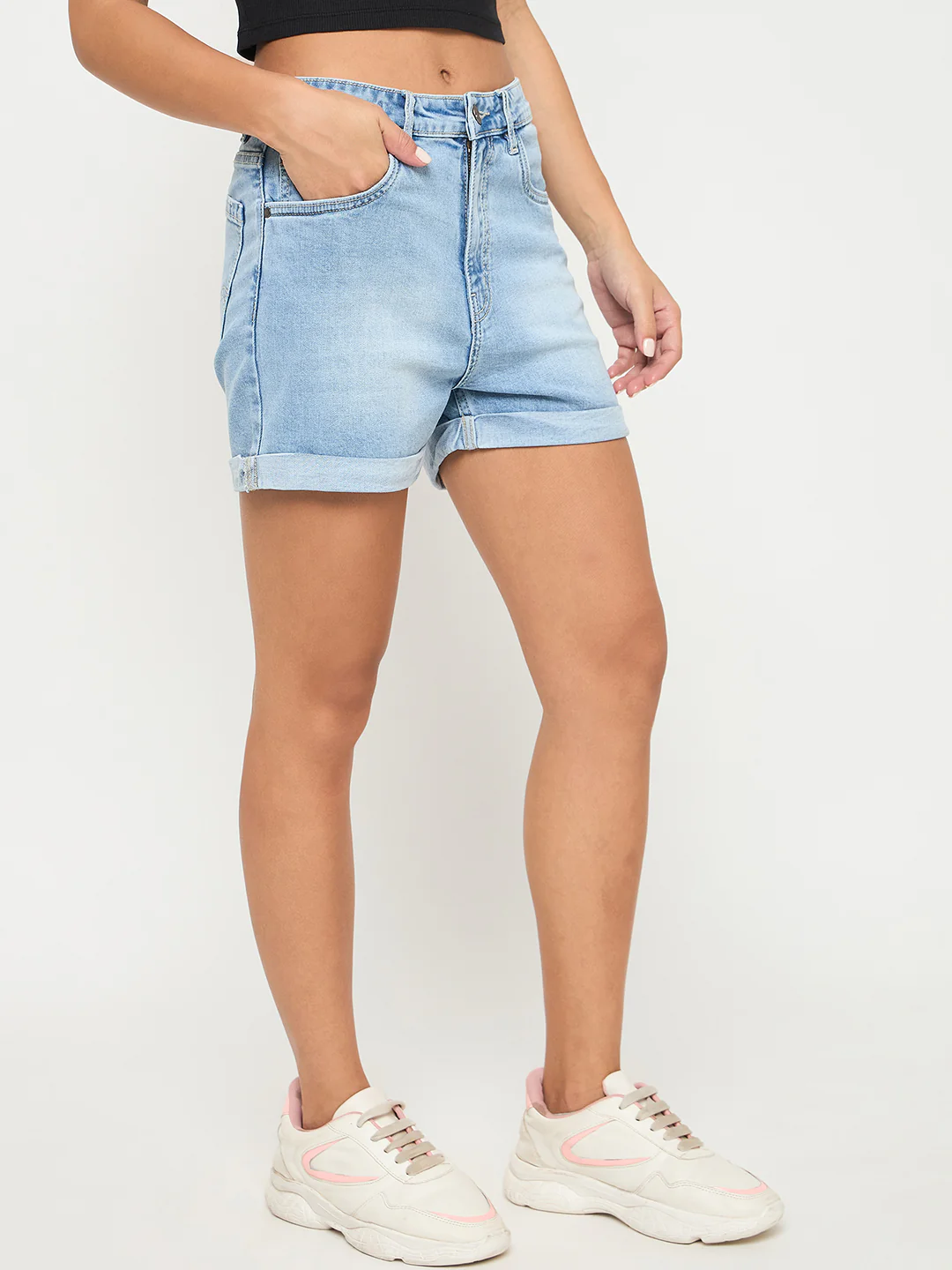 Madame Rolled Hem Light Blue Cotton Blend Denim Shorts - Image 3