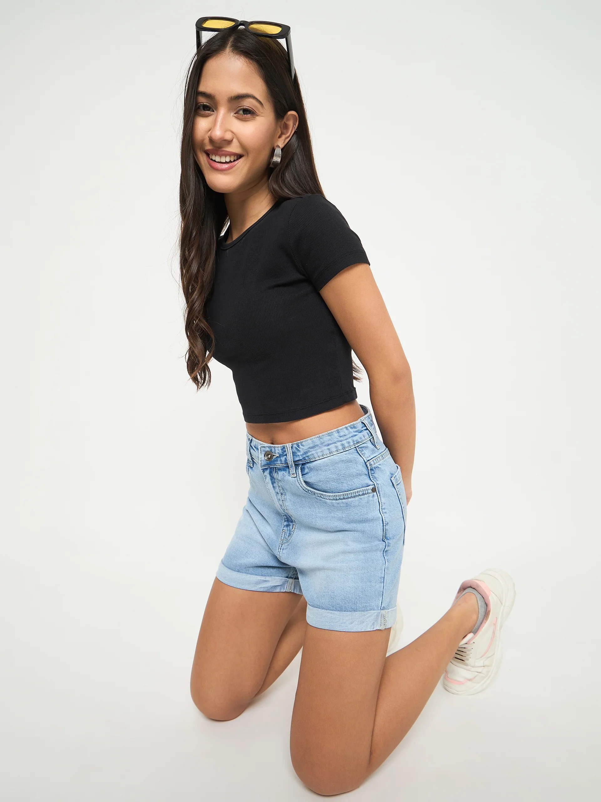 Madame Rolled Hem Light Blue Cotton Blend Denim Shorts - Image 7