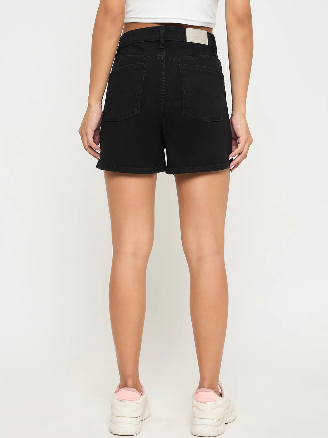 Madame Cotton Blend Solid Black Denim Shorts - Image 5