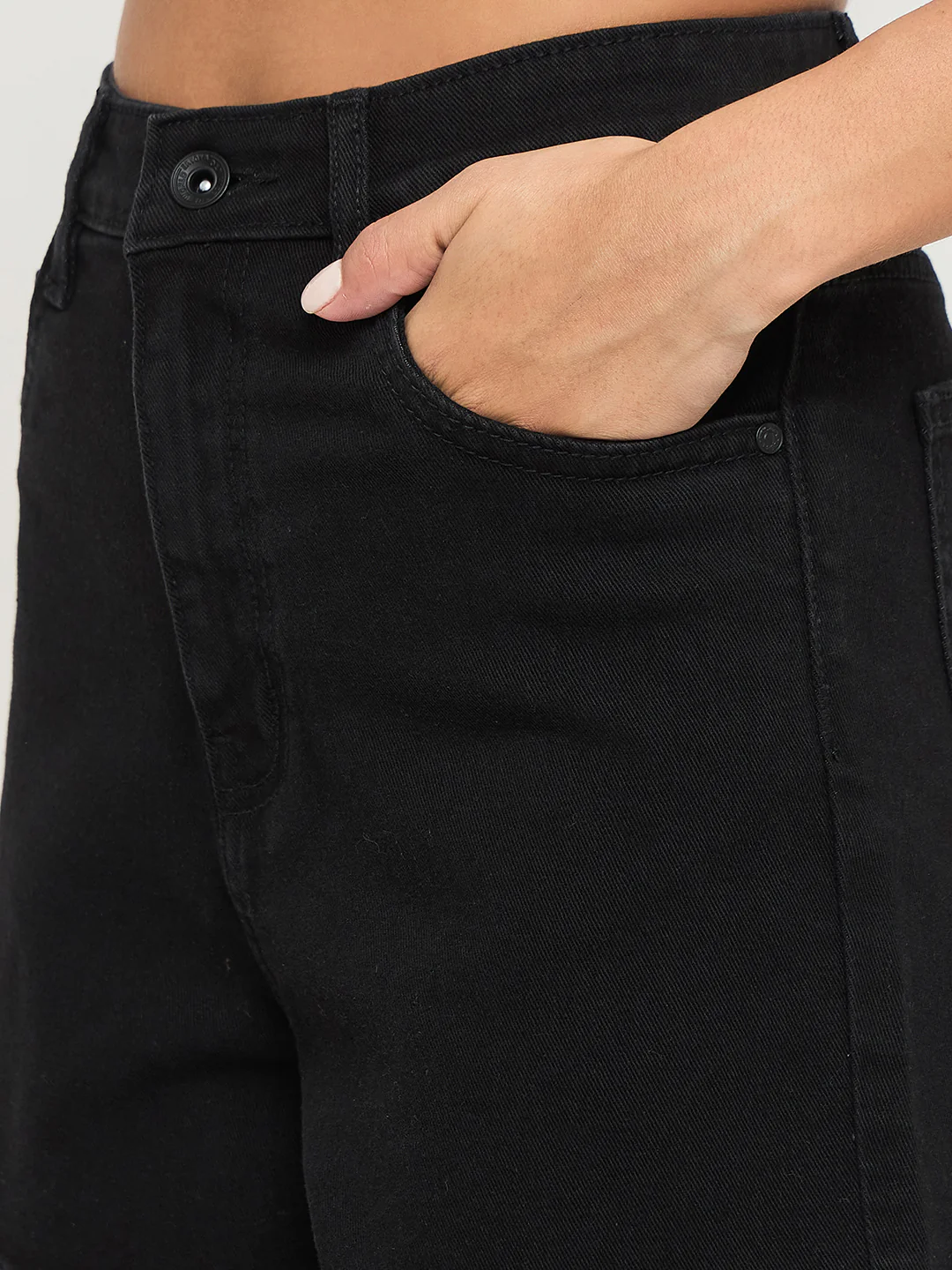 Madame Cotton Blend Solid Black Denim Shorts - Image 6