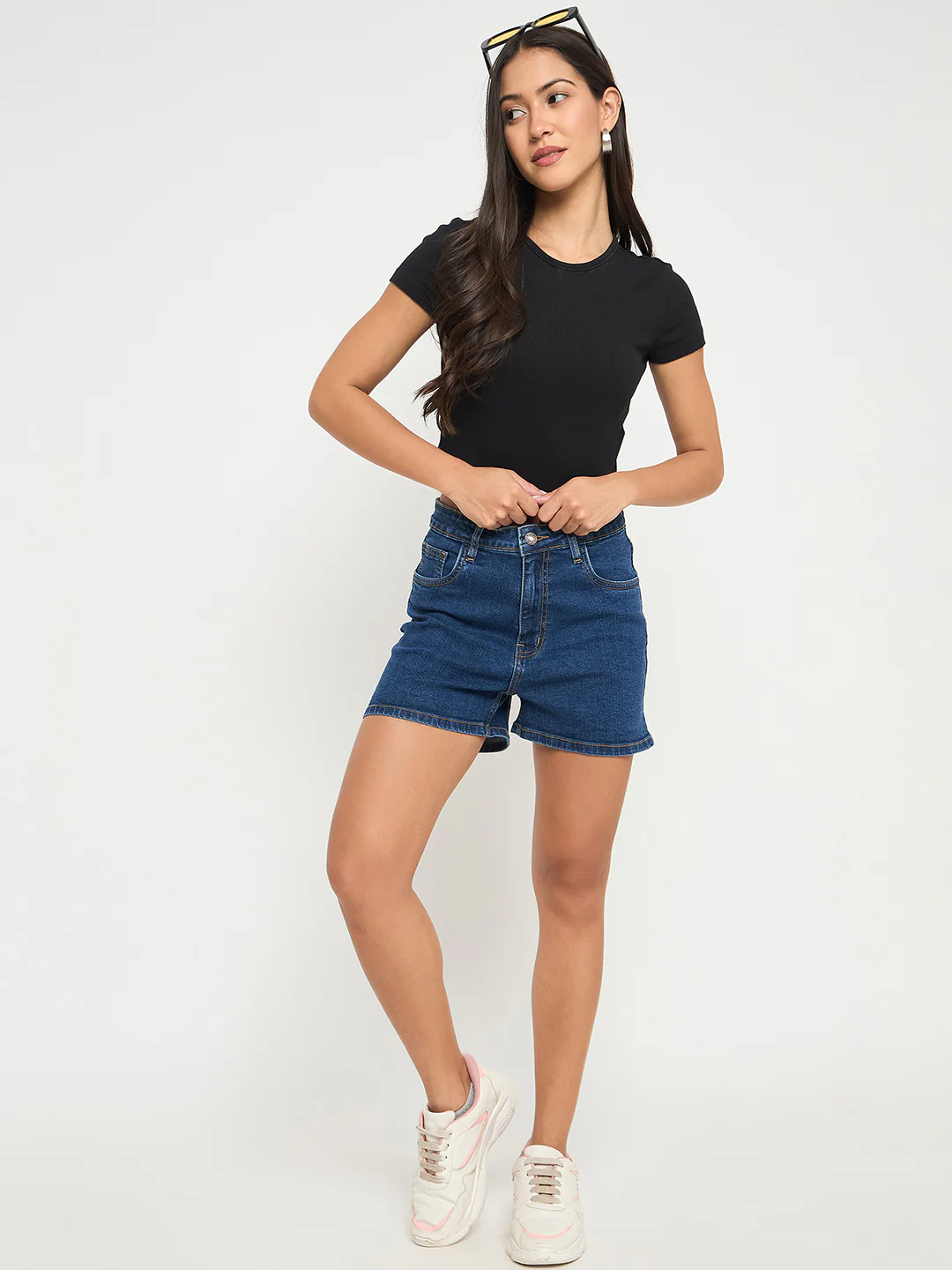 Madame Cotton Blend Solid Mid Blue Denim Shorts - Image 2