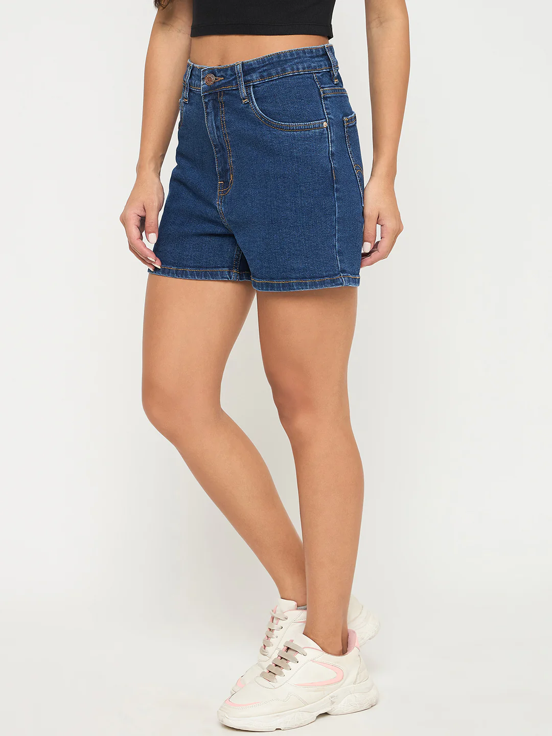Madame Cotton Blend Solid Mid Blue Denim Shorts - Image 3