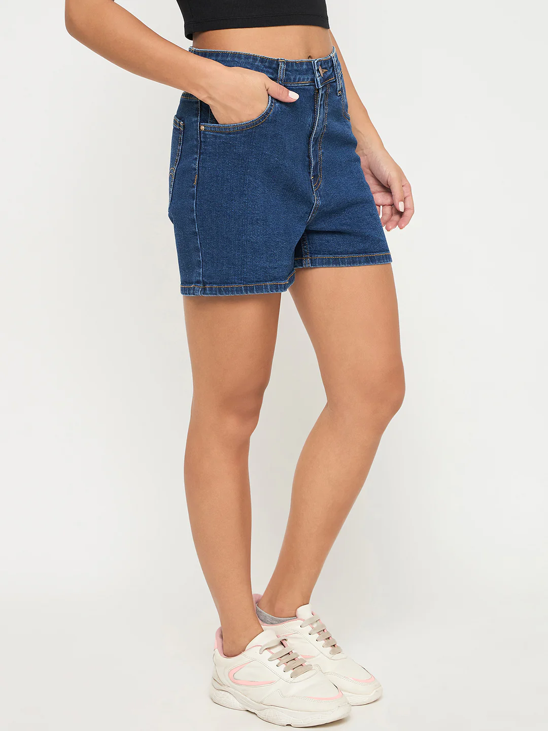 Madame Cotton Blend Solid Mid Blue Denim Shorts - Image 4