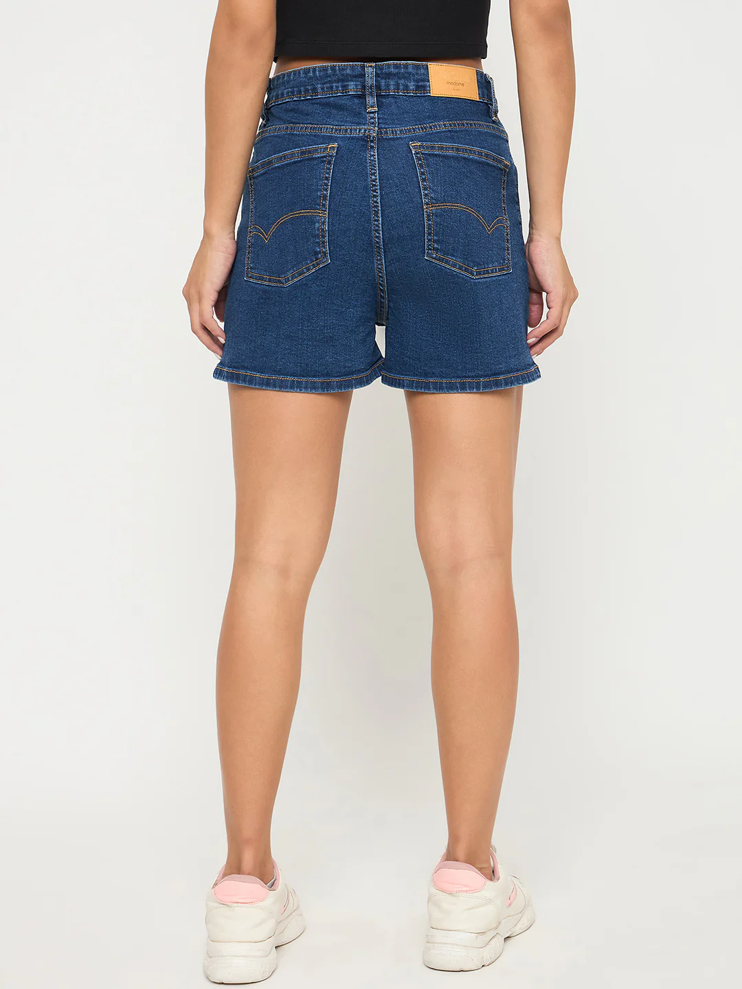 Madame Cotton Blend Solid Mid Blue Denim Shorts - Image 5