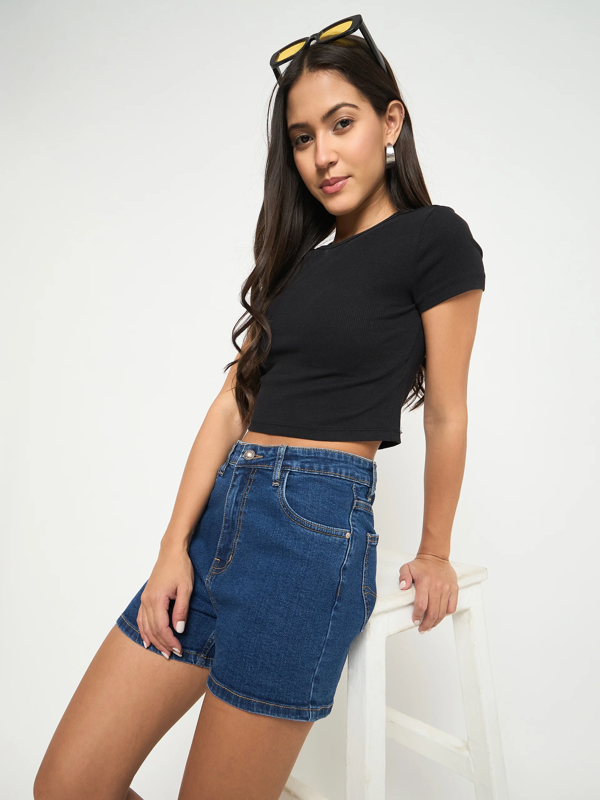 Madame Cotton Blend Solid Mid Blue Denim Shorts - Image 7