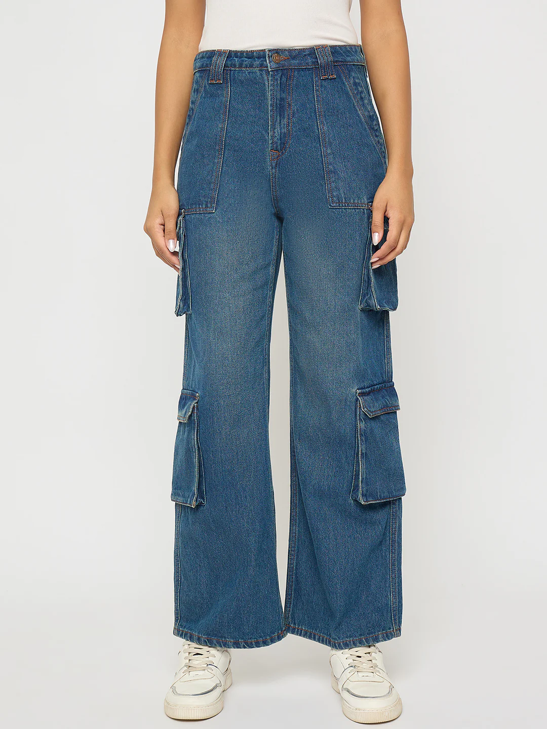 Madame Multi Pocketed Mid Blue Cotton Denim Cargo