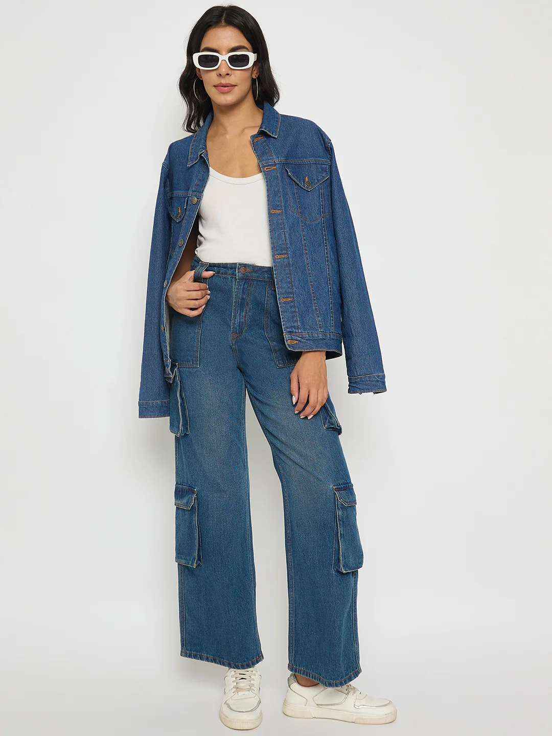 Madame Multi Pocketed Mid Blue Cotton Denim Cargo - Image 2