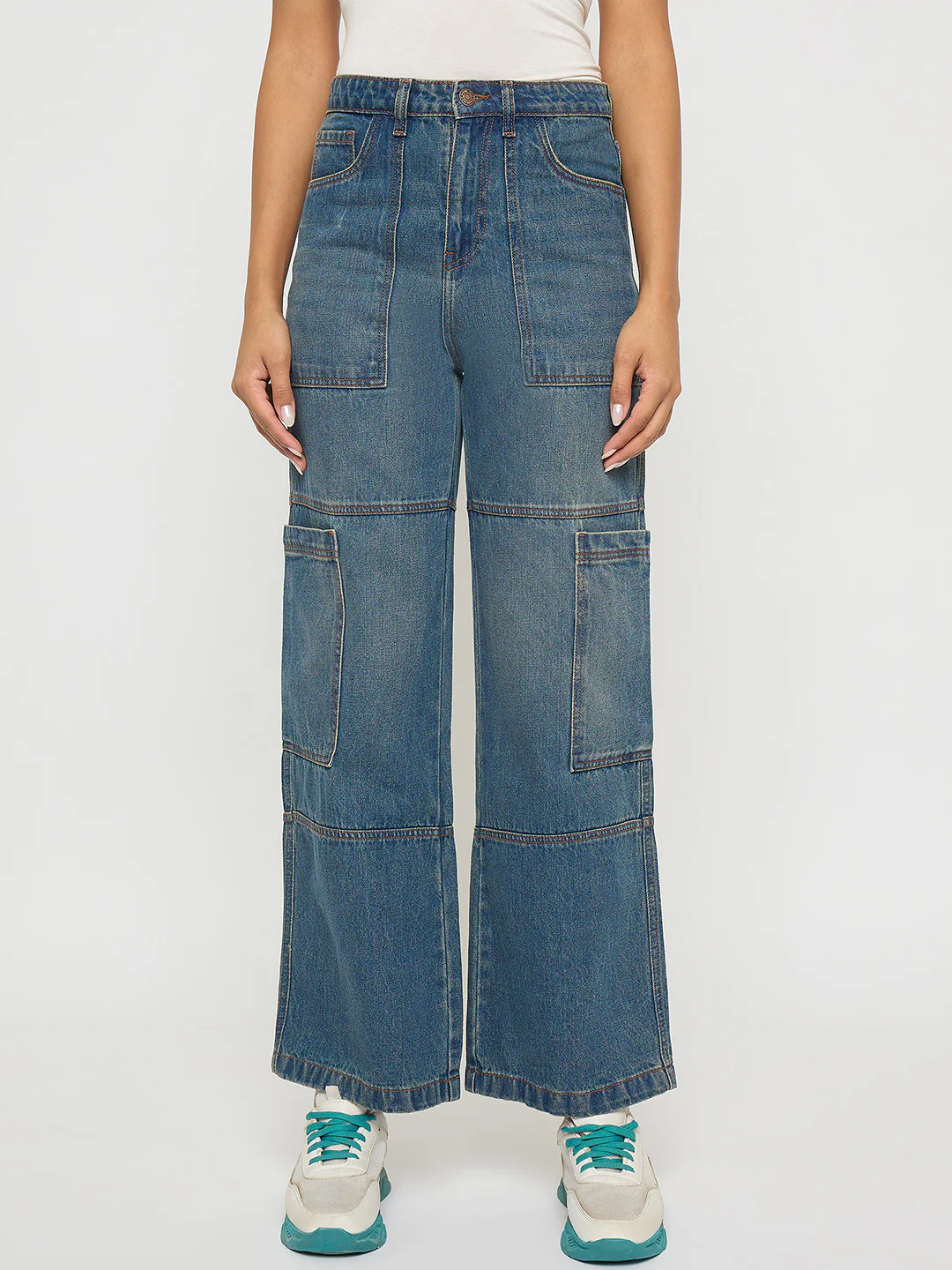 Madame Panel Detailed Tinted Green Wide Leg Denim Cargo
