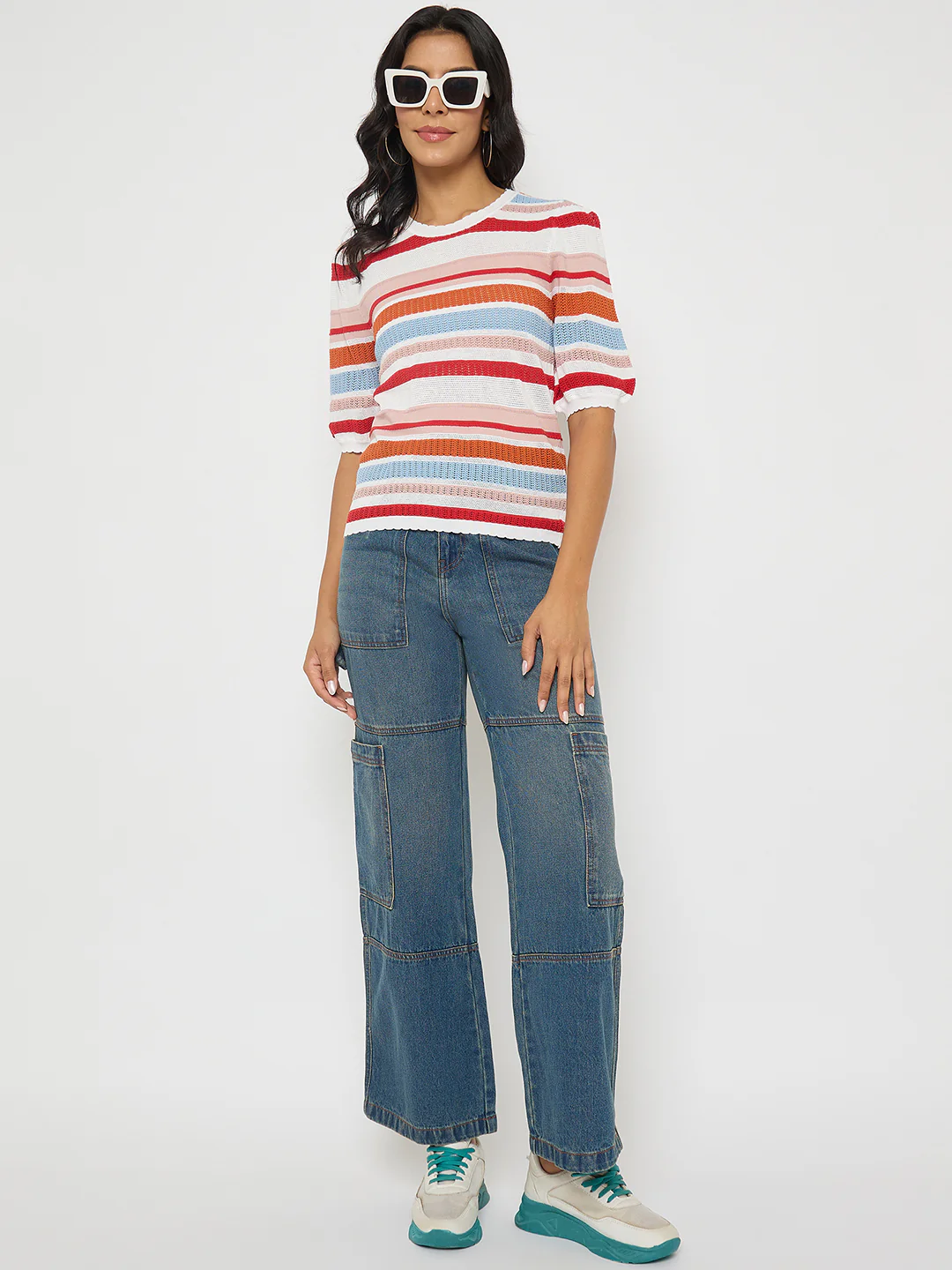 Madame Panel Detailed Tinted Green Wide Leg Denim Cargo - Image 2