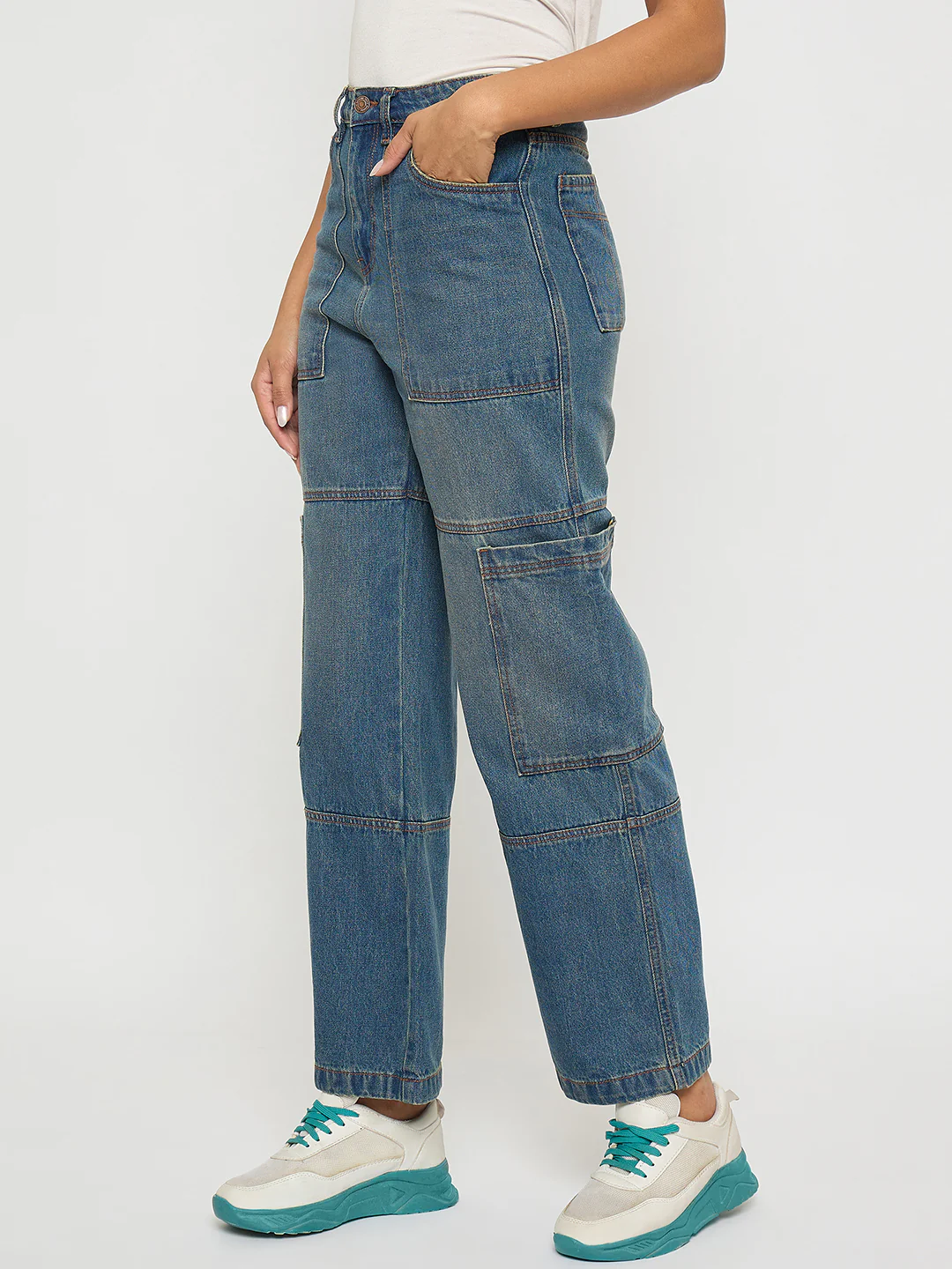 Madame Panel Detailed Tinted Green Wide Leg Denim Cargo - Image 3
