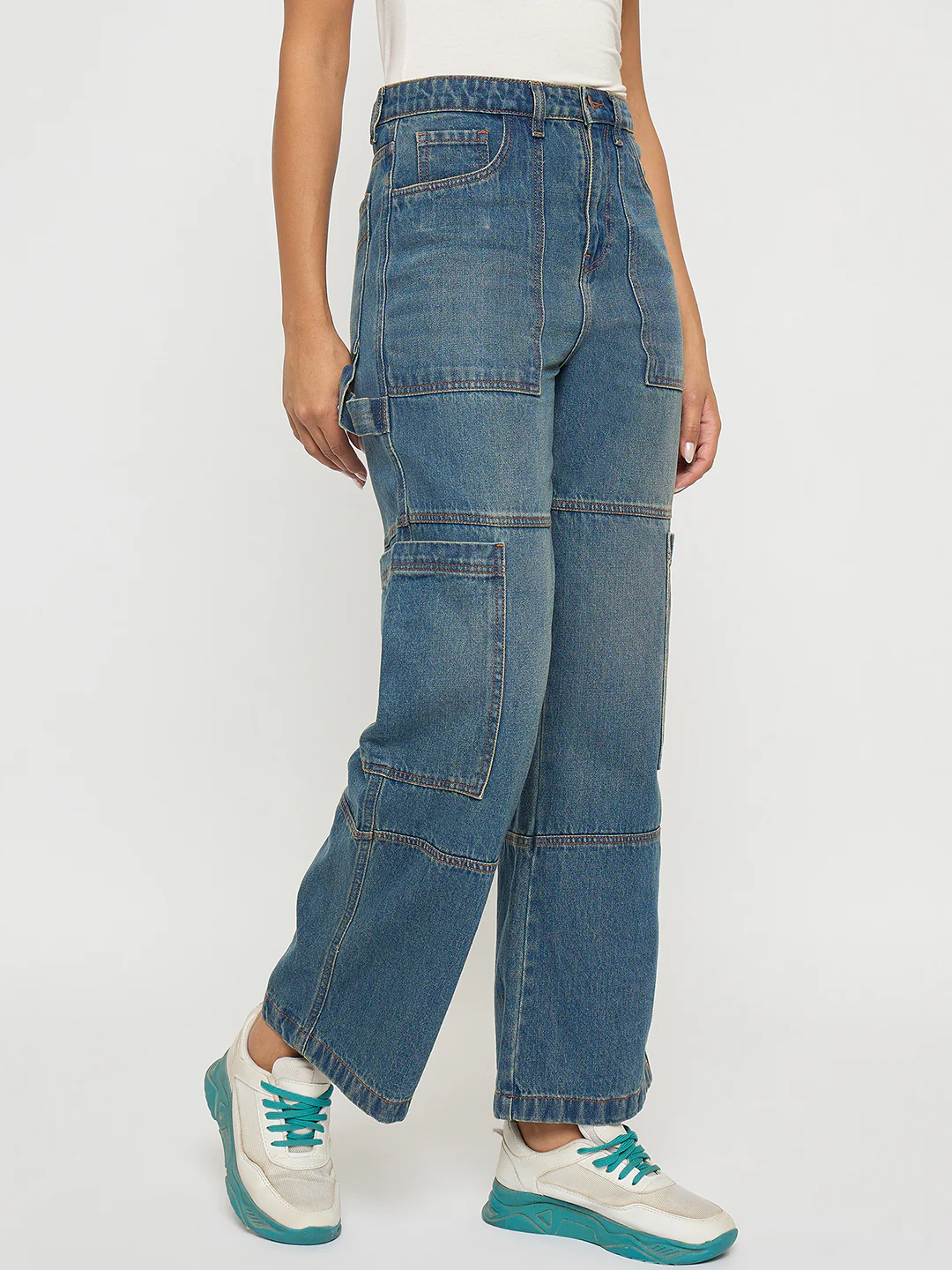 Madame Panel Detailed Tinted Green Wide Leg Denim Cargo - Image 4