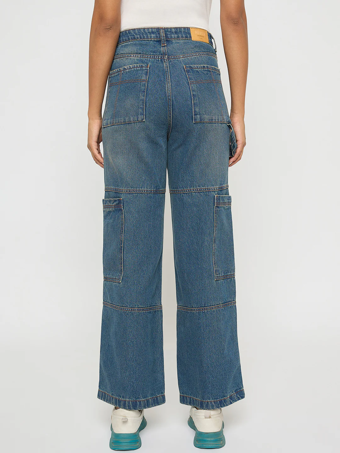Madame Panel Detailed Tinted Green Wide Leg Denim Cargo - Image 5