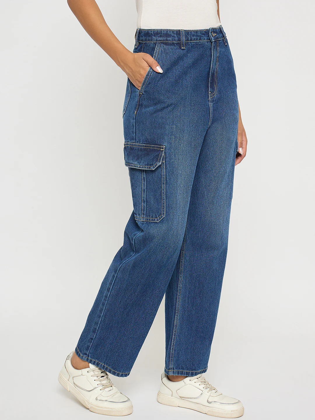 Madame Wide Leg Dark Blue Cotton Denim Cargo - Image 4