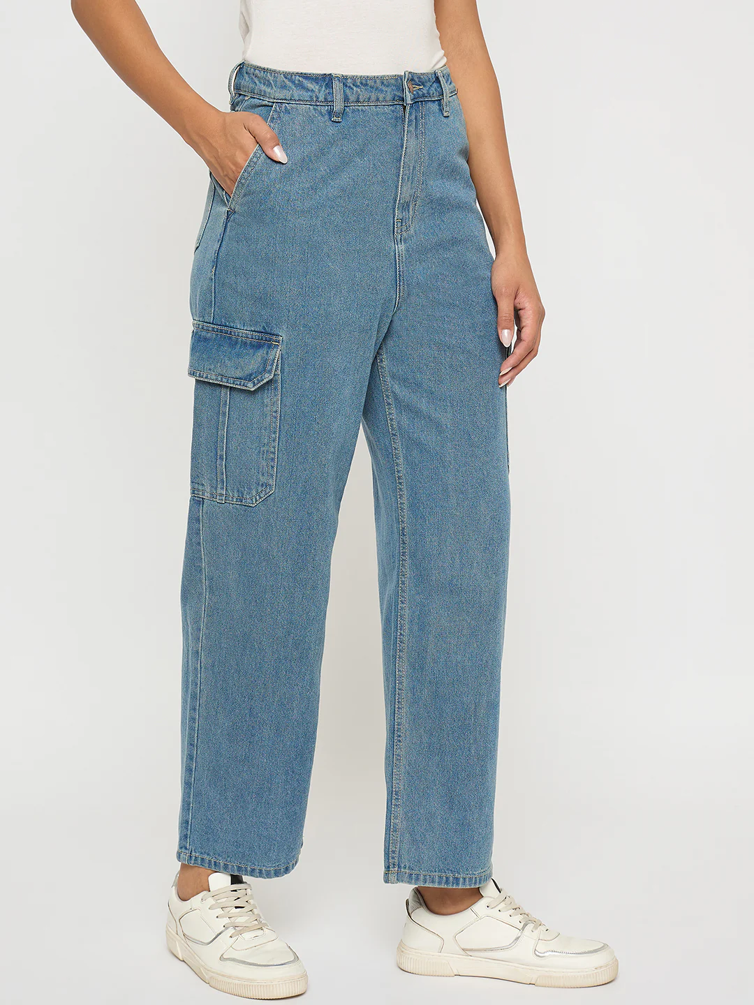 Madame Wide Leg Light Blue Cotton Denim Cargo - Image 4