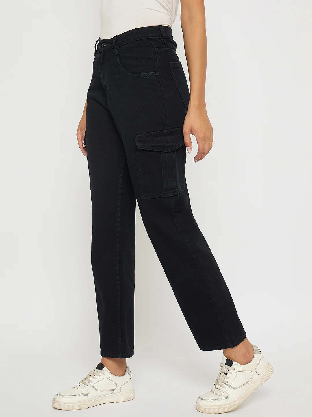 Madame Multi Pocketed Black Straight Cotton Denim Cargo - Image 3