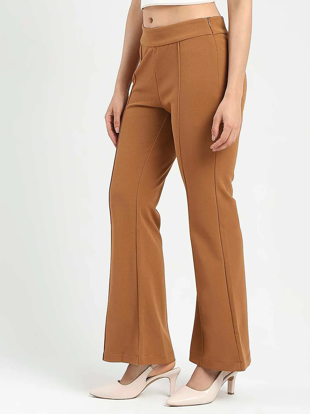 Madame Side Zipper Flared Coffee Brown Knitted Moss Trousers - Image 2