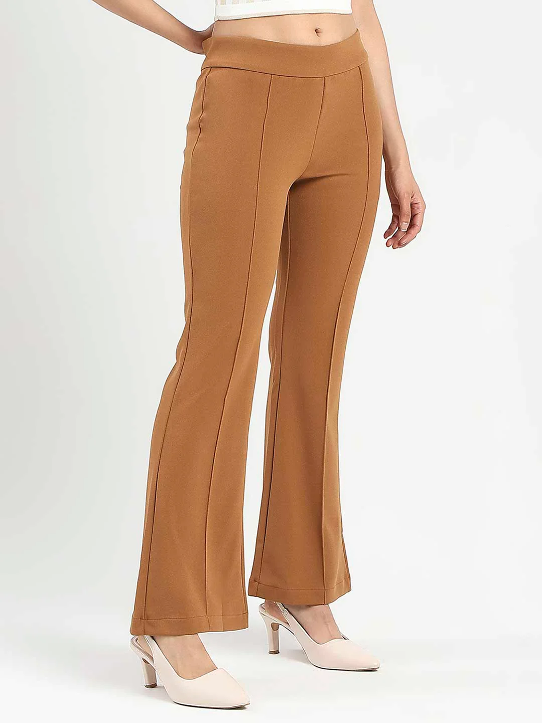 Madame Side Zipper Flared Coffee Brown Knitted Moss Trousers - Image 3